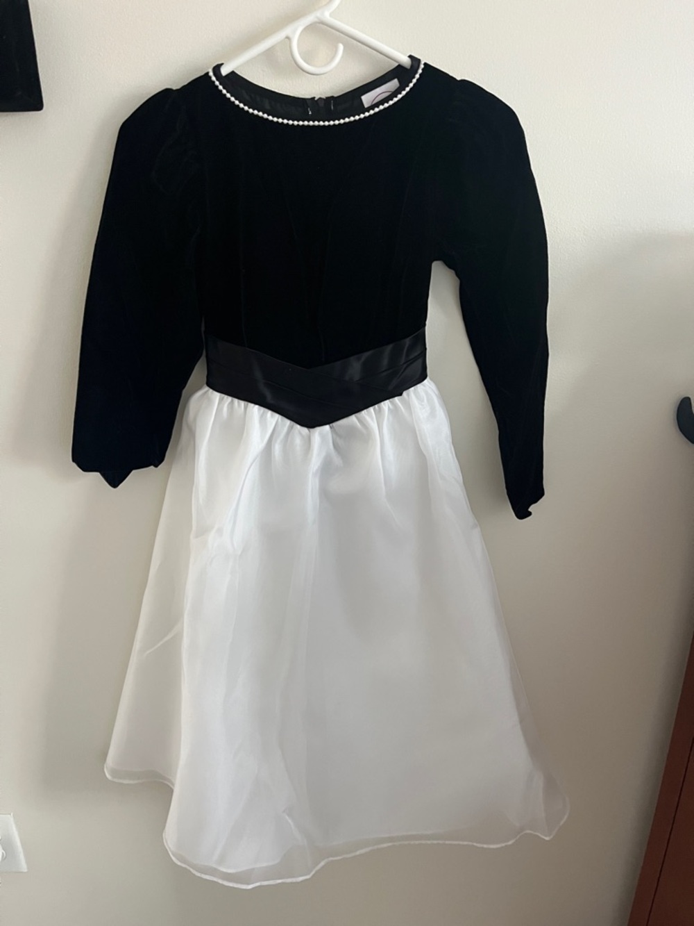 Black and White Girls Dress with Pearl Neckline
